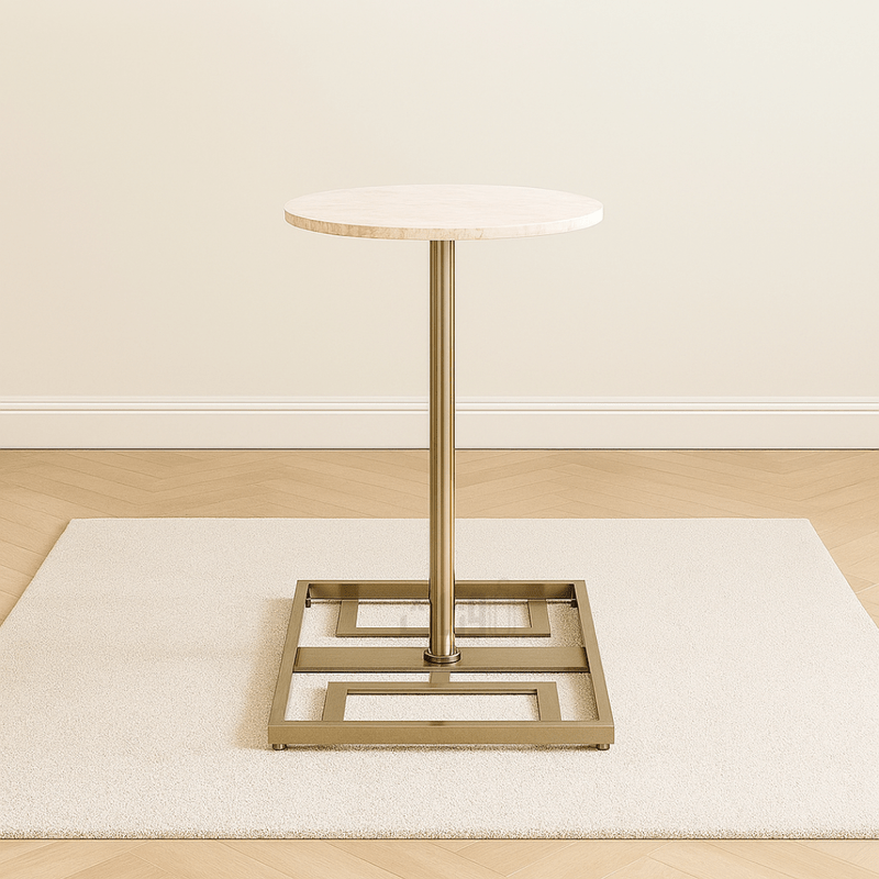 Round Side Table with Travertine Top-Gold End Table| Otath