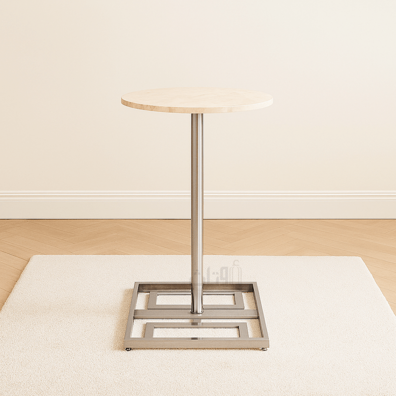 Round Travertine Side Table with Geometric Silver Steel Base End Table| Otath