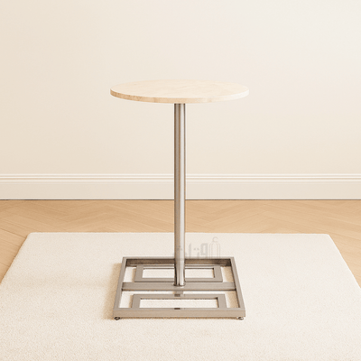 Round Travertine Side Table with Geometric Silver Steel Base - Al Rugaib Furniture