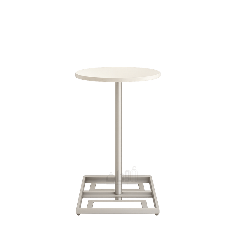 Round Travertine Side Table with Geometric Silver Steel Base End Table| Otath