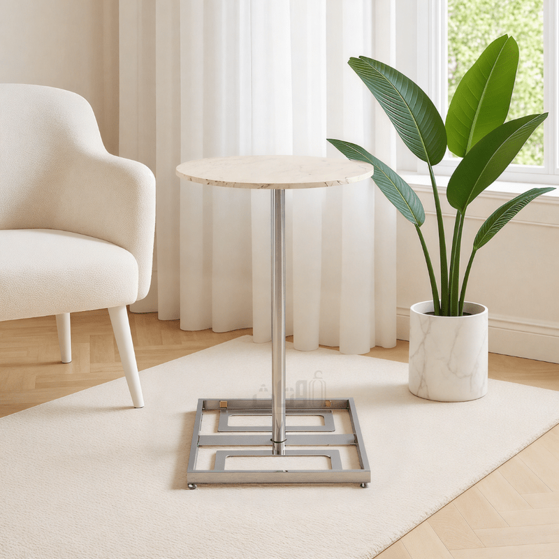 Round Travertine Side Table with Geometric Silver Steel Base End Table| Otath
