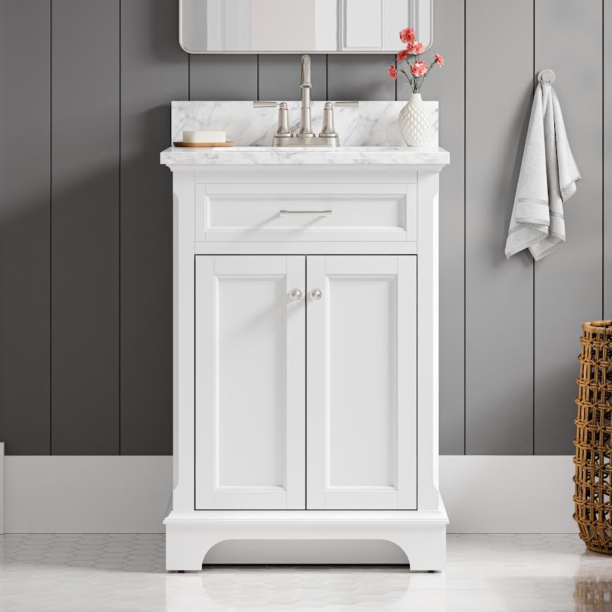 Roveland 24-in White Undermount Bathroom Vanity with Natural Carrara Marble Top Vanity| Roots Furniture