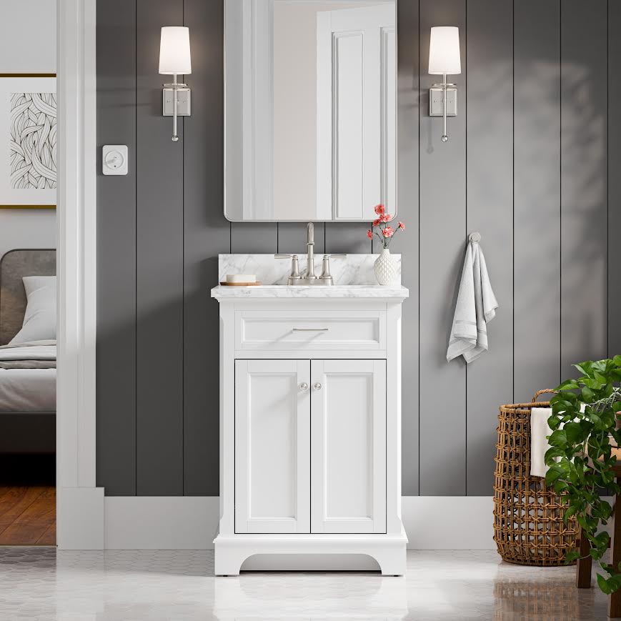 Roveland 24-in White Undermount Bathroom Vanity with Natural Carrara Marble Top Vanity| Roots Furniture