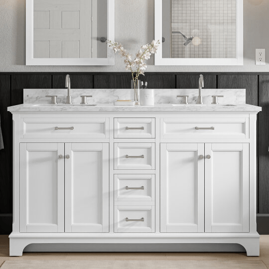 Roveland 60-in White Undermount Bathroom Vanity with Natural Carrara Marble Top Vanity| Roots Furniture