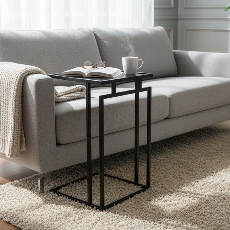 Royal | BambooBliss Side Table with Glass Top and Steel Base in Black – 35×56 cm Accent & End Tables| Royal Furniture