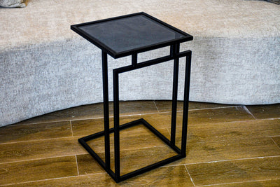 Royal | BambooBliss Side Table with Glass Top and Steel Base in Black – 35×56 cm - Al Rugaib Furniture