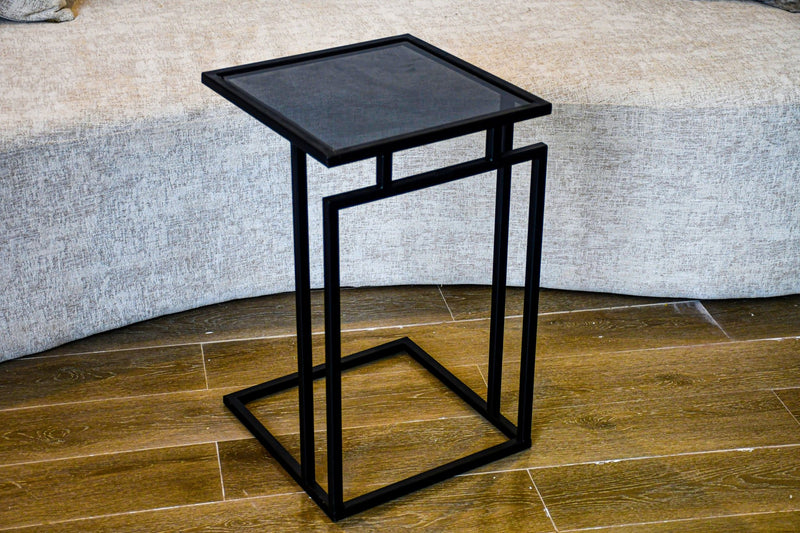 Royal | BambooBliss Side Table with Glass Top and Steel Base in Black – 35×56 cm - Al Rugaib Furniture