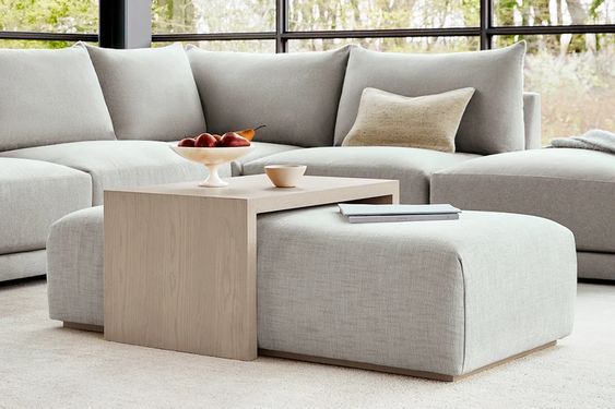 Royal | Beige Center Table – MDF Wood & Gray Linen Fabric – 120×80×55 cm - Al Rugaib Furniture