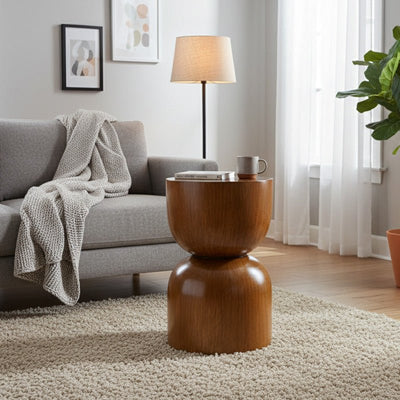 Royal | Bello Wooden Side Table with Gloss Finish and Sculptural Brown Design – 35×55 cm - Al Rugaib Furniture