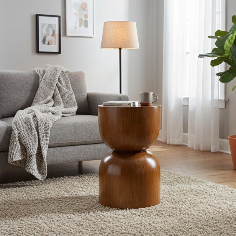 Royal | Bello Wooden Side Table with Gloss Finish and Sculptural Brown Design – 35×55 cm - Al Rugaib Furniture