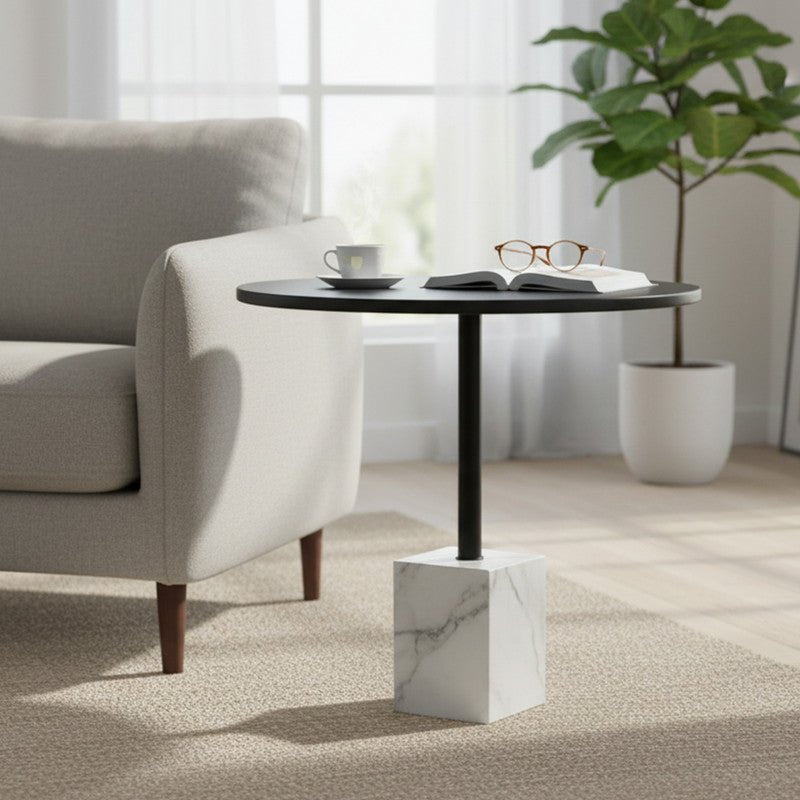 Royal | Black & White Side Table – Wooden Top with Marble Cube Base (60×55 cm) - Al Rugaib Furniture