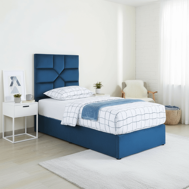 Royal | BlueAura Single Velvet Bed – Blue Beds| Royal Furniture