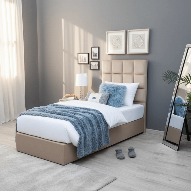 Royal | CozyVelvet Single Velvet Bed – Beige - Al Rugaib Furniture