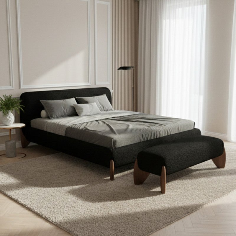 Royal | Curva Black Bouclé Platform King Size Bed & Bedroom Bench Set - Al Rugaib Furniture