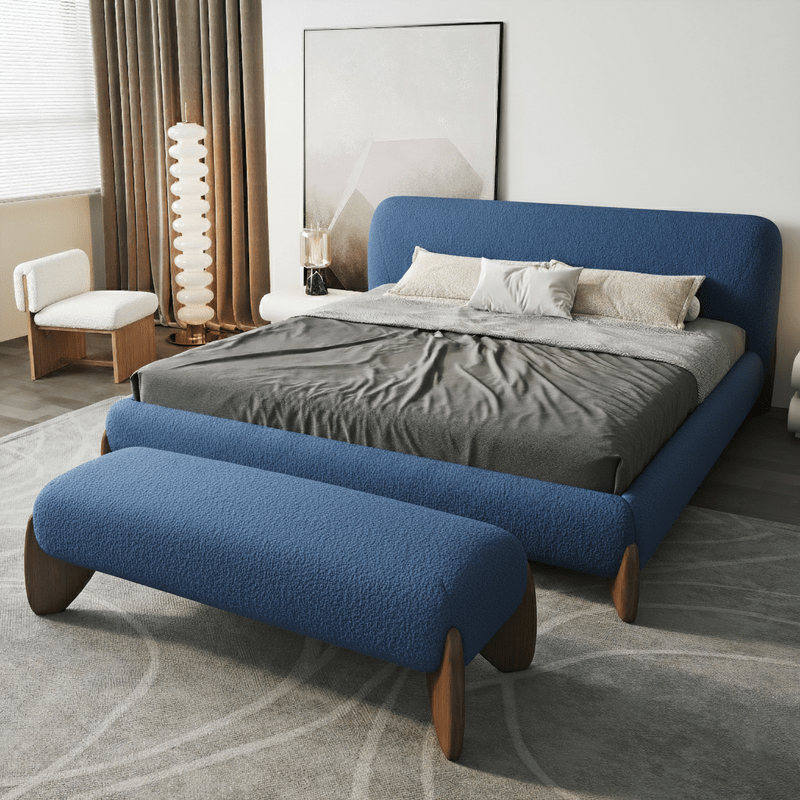 Royal | Curva Blue Boucle Platform King Size Bed & Bedroom Bench Set - Al Rugaib Furniture