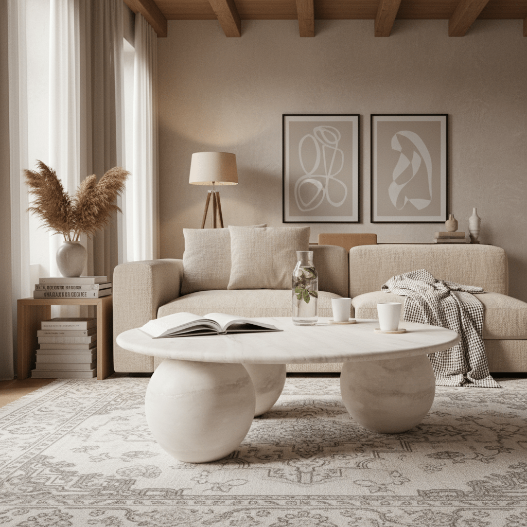 Royal | EtherealEdge Marble Coffee Table with Natural Travertine Surface & Stone Bases - Iqbala White - 100x100x42 cm Coffee Tables| Royal Furniture
