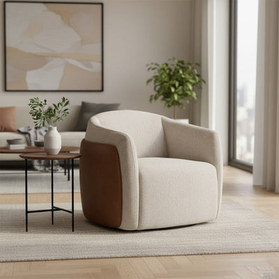 Royal | Luxe Comfort Armchair with Linen & Leather Upholstery in Beige – 92×88×72 cm - Al Rugaib Furniture