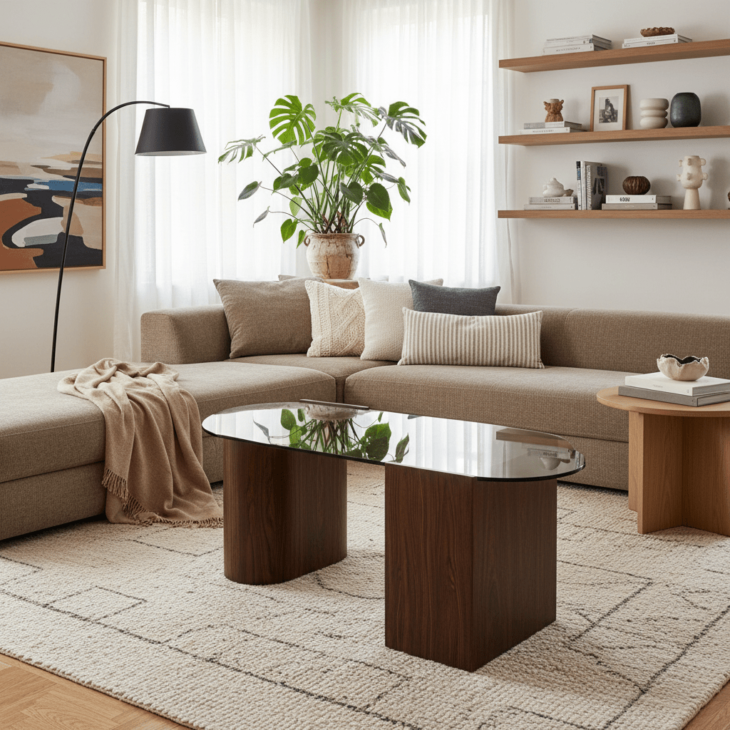 Royal | Modern Brown Mirror Coffee Table – Glass Top with Wooden Base - 120×50×50 cm Coffee Tables| Royal Furniture