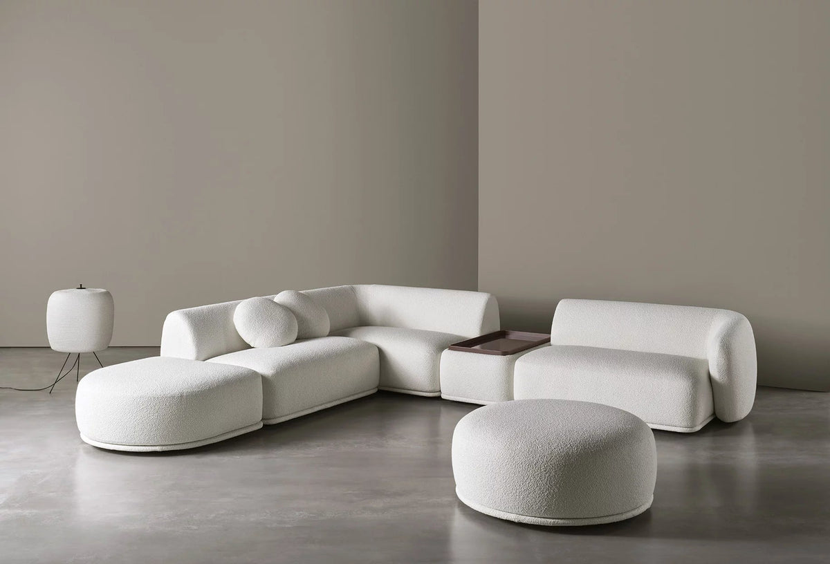 Royal | Modernity White L-Shape Sofa with Soft Chanel Upholstery – 300×280 cm with Round Pouf Sectionals| Royal Furniture