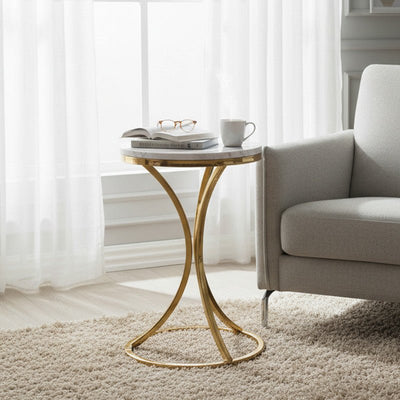 Royal | PoplarPulse Side Table with Swedish Wood Top and Steel Base in White and Gold – 35×56 cm - Al Rugaib Furniture