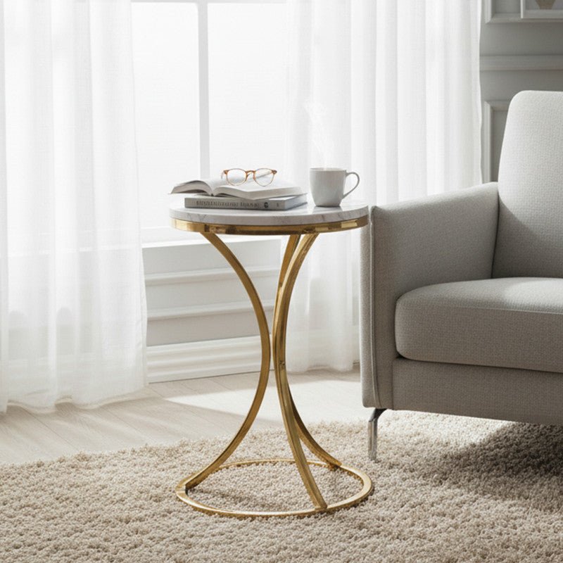 Royal | PoplarPulse Side Table with Swedish Wood Top and Steel Base in White and Gold – 35×56 cm - Al Rugaib Furniture