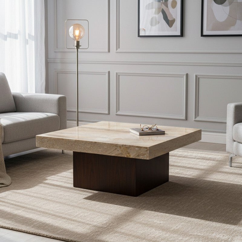 Royal | Spanish Marble Square Coffee Table with Natural Marble Top and Swedish Wood Base in Black and Beige – 100×45 cm Coffee Tables| Royal Furniture