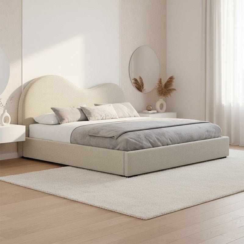 Royal | Swedish Wood Bouclé Cushion Bed Frame in Beige - Al Rugaib Furniture