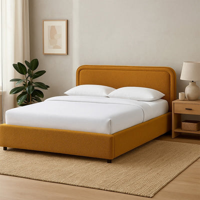 Royal | Swedish Wood Bouclé Majestic Mist Bed in Camel - Al Rugaib Furniture