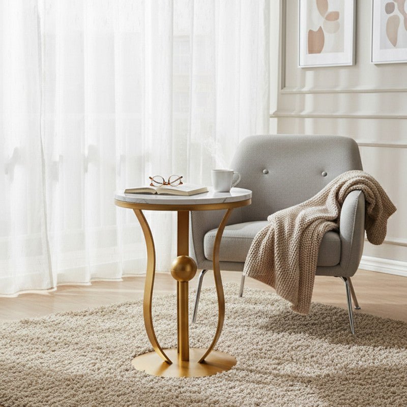 Royal | SycamoreSymphony Side Table with Swedish Wood Top and Steel Base in White and Gold – 45×57 cm Accent & End Tables| Royal Furniture