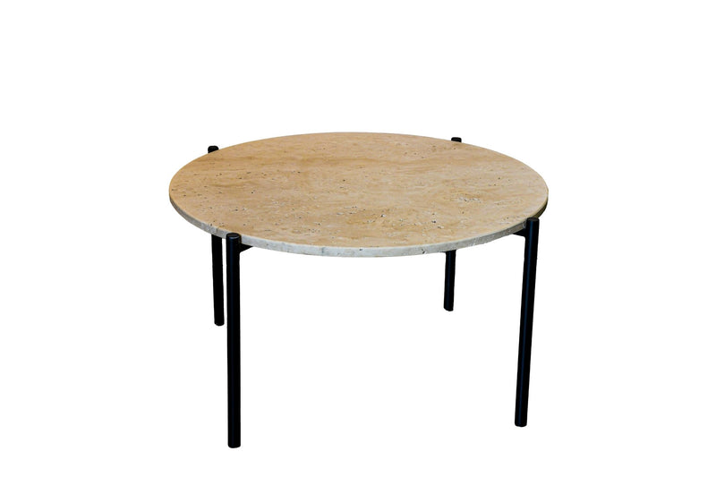 Royal | Tera Round Coffee Table with Treventino Marble Top and Black Metal Legs in Beige and Black – 80×45 cm - Al Rugaib Furniture