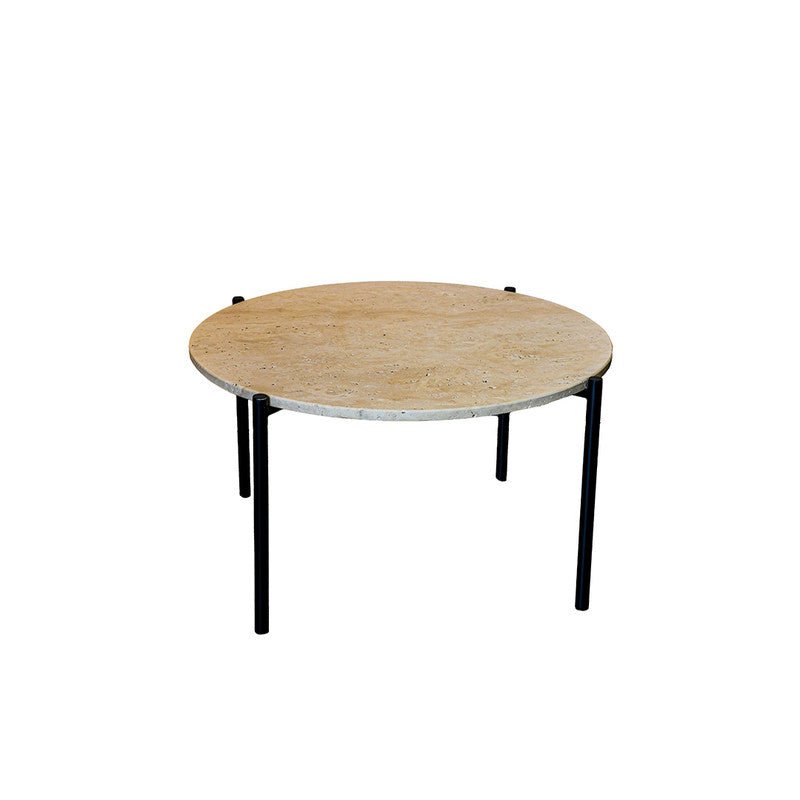 Royal | Tera Round Coffee Table with Treventino Marble Top and Black Metal Legs in Beige and Black – 80×45 cm - Al Rugaib Furniture