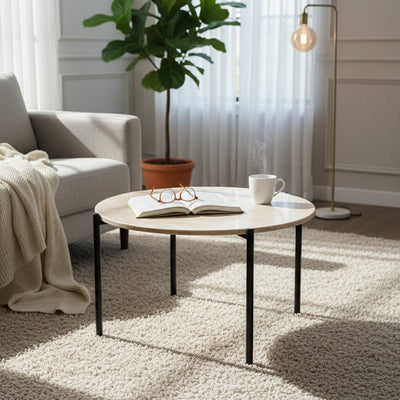 Royal | Tera Round Coffee Table with Treventino Marble Top and Black Metal Legs in Beige and Black – 80×45 cm - Al Rugaib Furniture