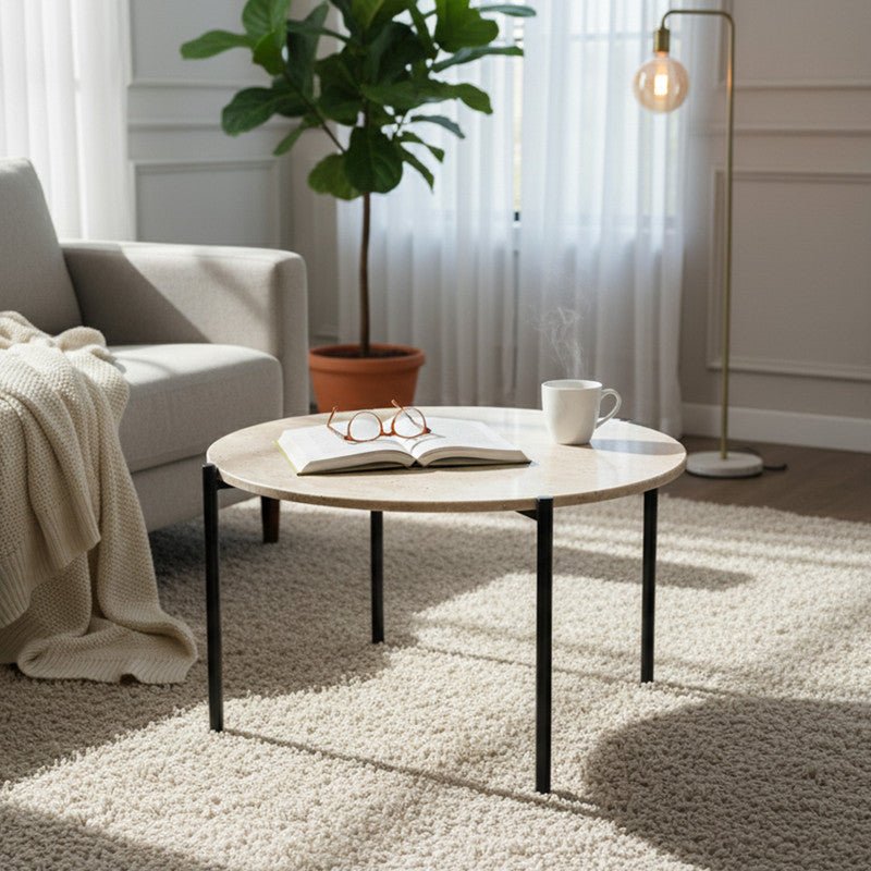Royal | Tera Round Coffee Table with Treventino Marble Top and Black Metal Legs in Beige and Black – 80×45 cm - Al Rugaib Furniture
