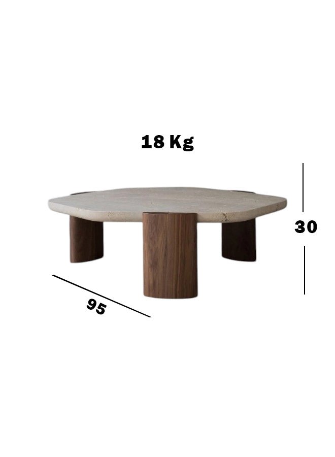 Royal | Treventino Marble Coffee Table – 95×85 cm Hexagon with Solid Wood Legs - Al Rugaib Furniture