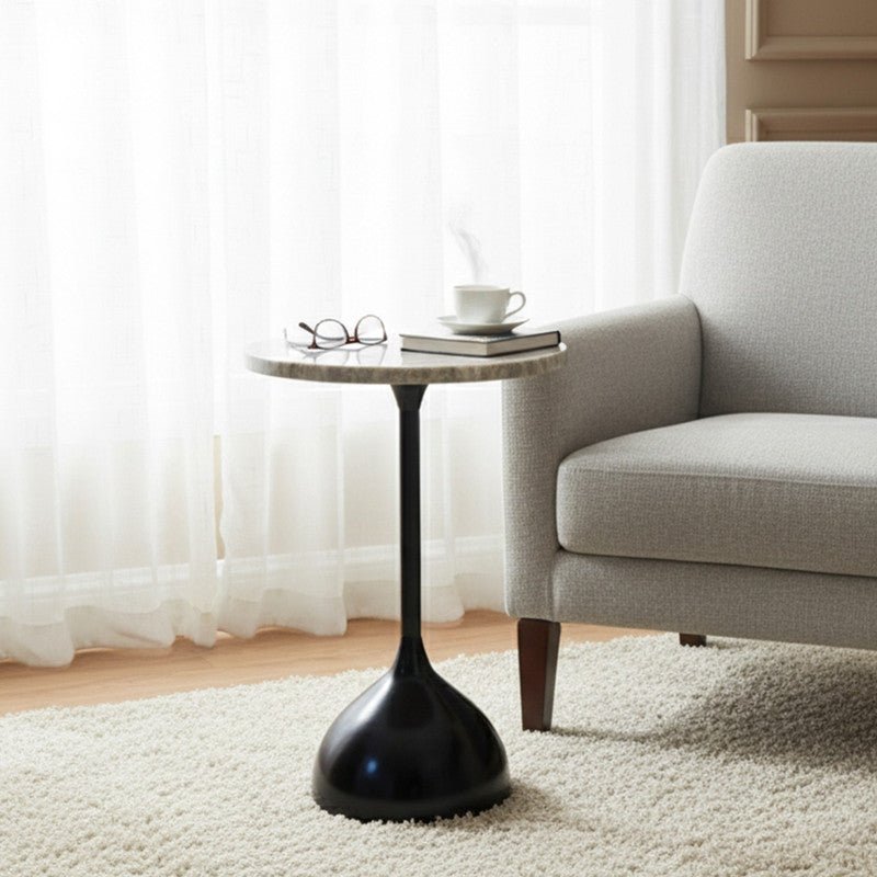 Royal | Treventino Marble Side Table – Black & Beige Pedestal Design - 35x60 cm Accent & End Tables| Royal Furniture