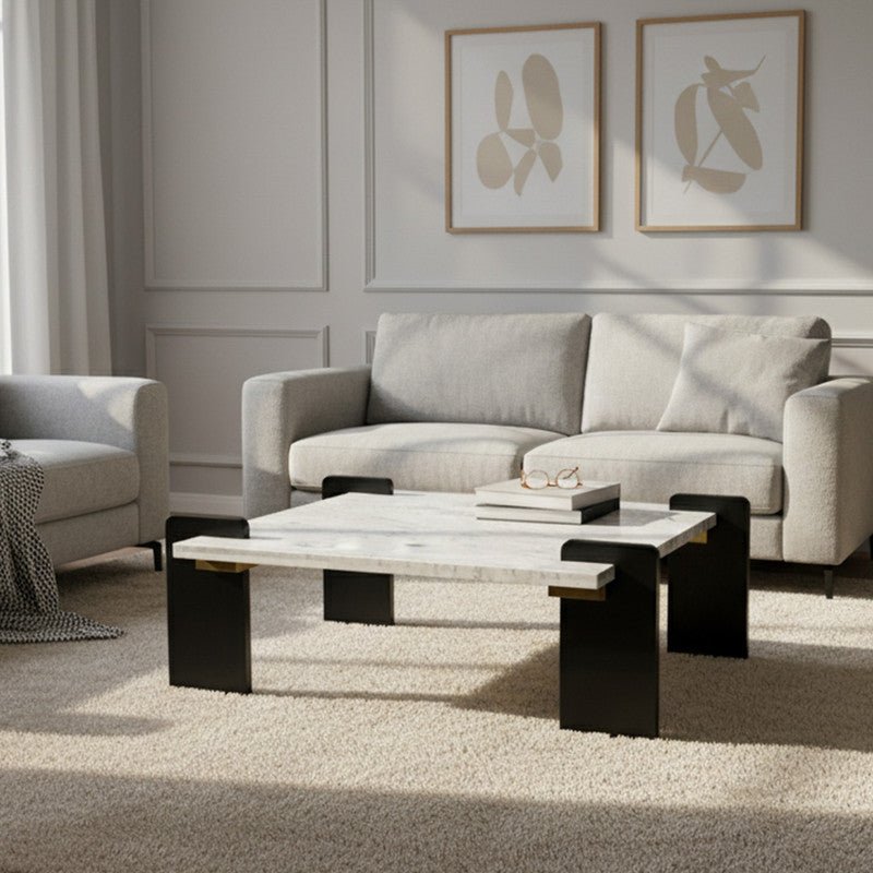 Royal | Turkish Marble Square Coffee Table with Natural Marble Top and Swedish Wood Base in Black and White – 110×45 cm Coffee Tables| Royal Furniture