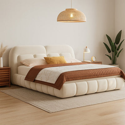 Royal | Wood Velvet Cloud Bed in Off White – 200×200×100 cm - Al Rugaib Furniture