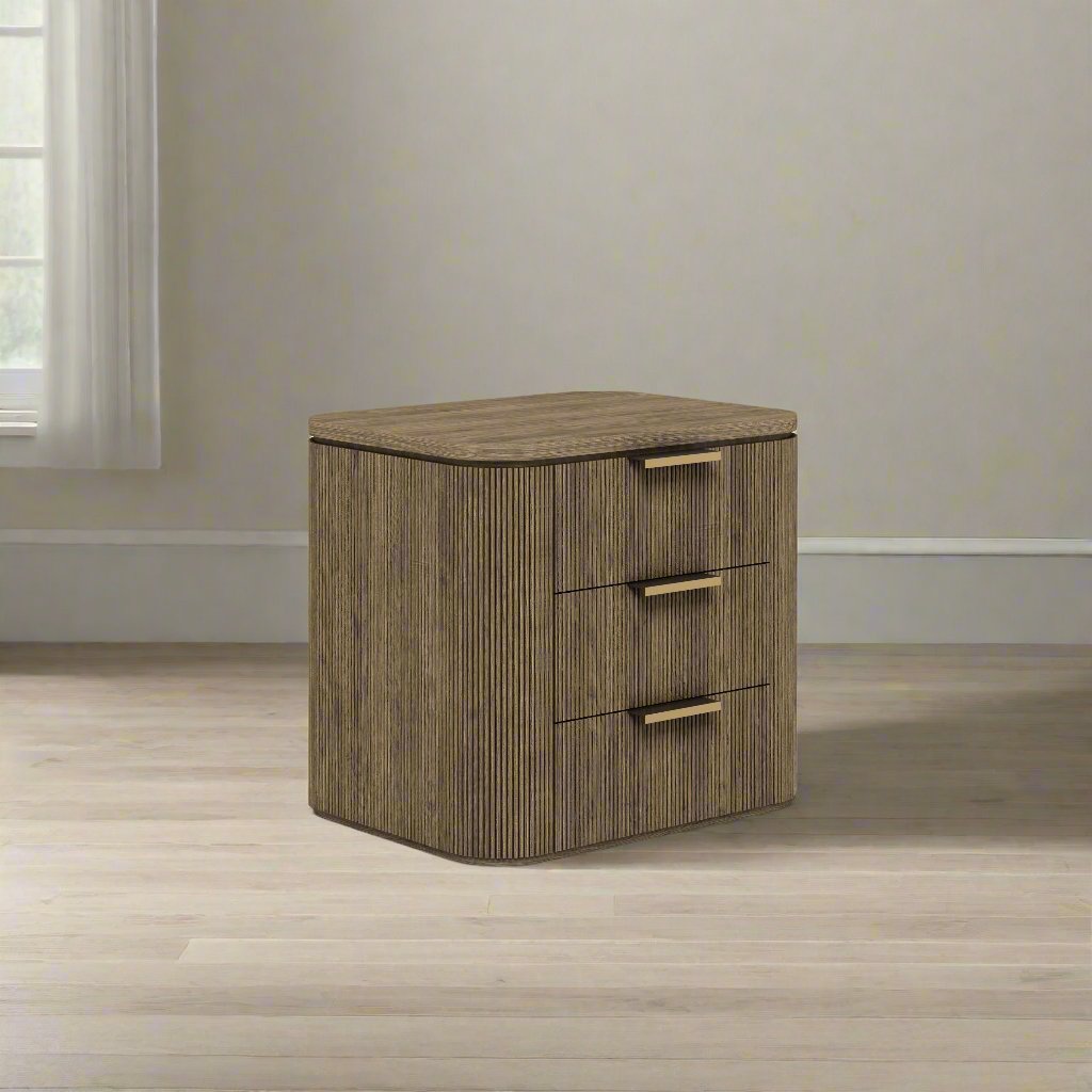 Rustic Haven Brown Oak Three Drawer Nightstand Nightstands| Roots Furniture
