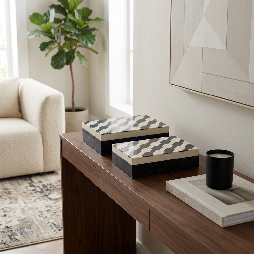 S/2 10/11" Geo Chain Pattern Resin Boxes, Ivory/bl Box| Sagebrook Home