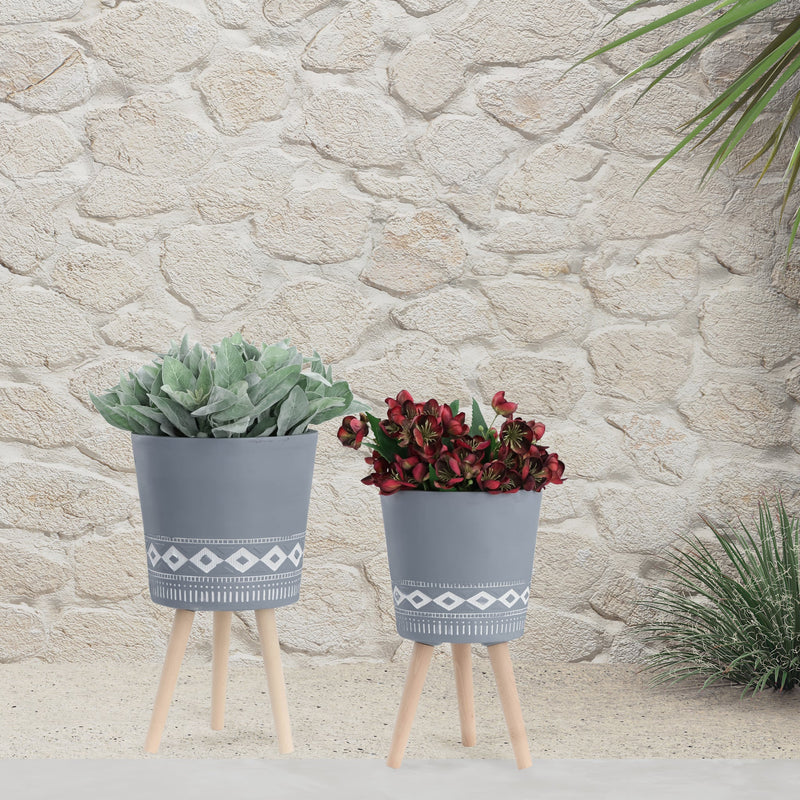 S/2 10/12" DIAMOND PLANTER W/ WOOD LEGS, GRAY (KD) - Al Rugaib Furniture