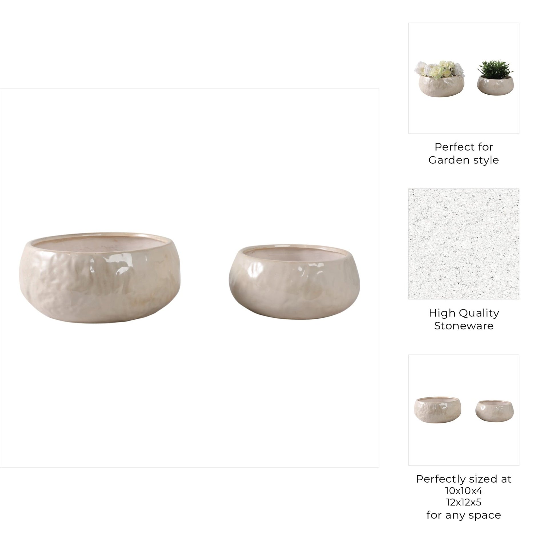 S/2 10/12" IRIDESCENT BOWL PLANTERS, WHITE Planter| Sagebrook Home