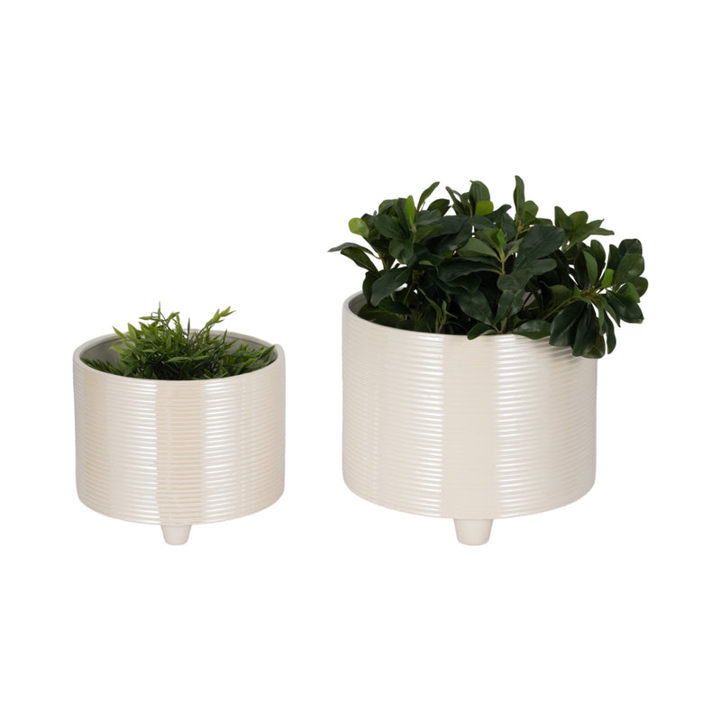 S/2 10/12" Iridescent Ribbed Planters, Ivory - Al Rugaib Furniture