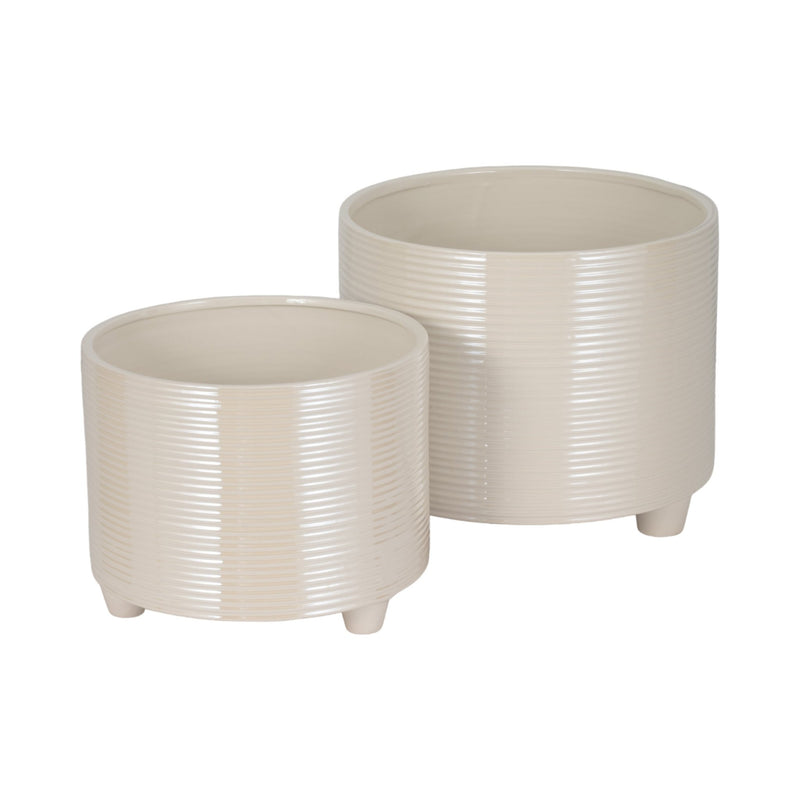S/2 10/12" Iridescent Ribbed Planters, Ivory - Al Rugaib Furniture