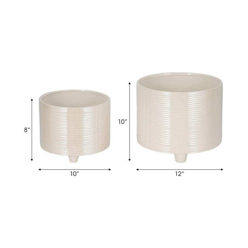 S/2 10/12" Iridescent Ribbed Planters, Ivory - Al Rugaib Furniture