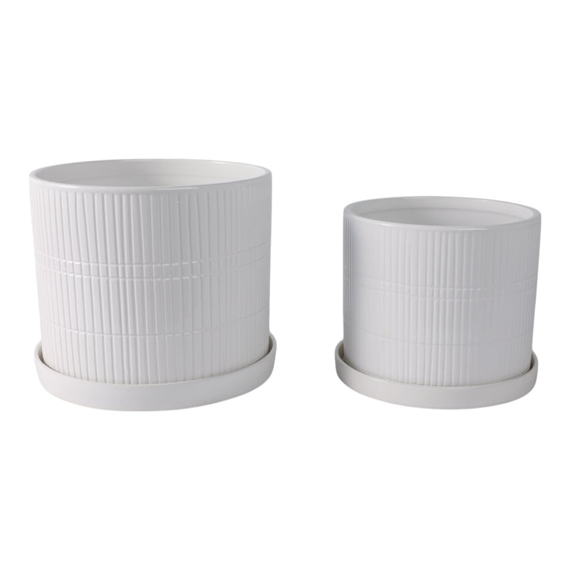 S/2 10/12" Line Textured Planter, White - Al Rugaib Furniture