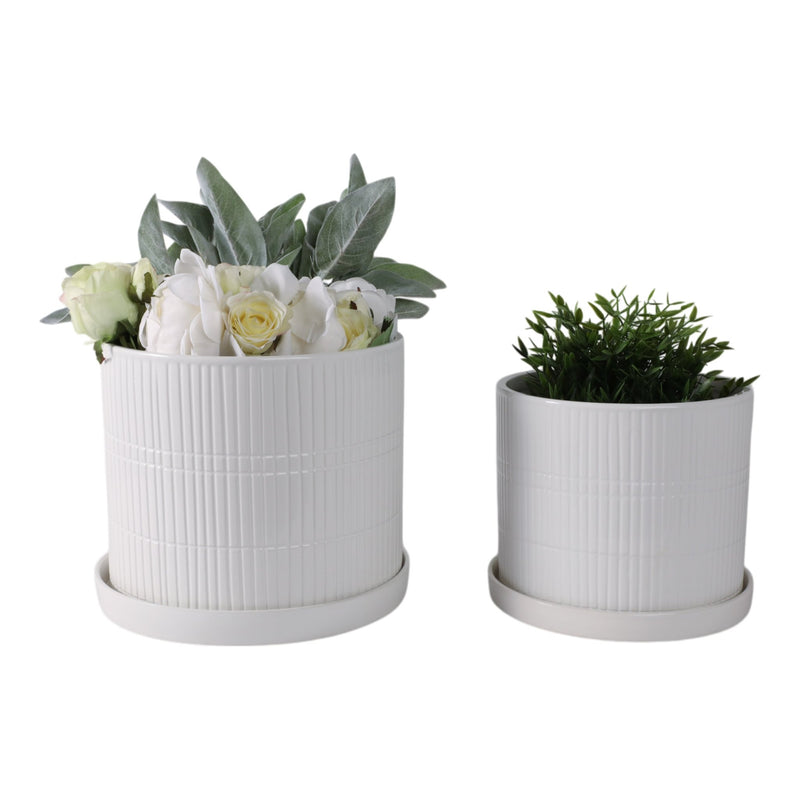 S/2 10/12" Line Textured Planter, White - Al Rugaib Furniture