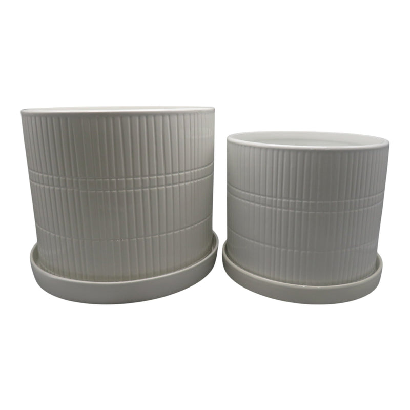 S/2 10/12" Line Textured Planter, White - Al Rugaib Furniture