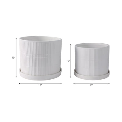 S/2 10/12" Line Textured Planter, White - Al Rugaib Furniture