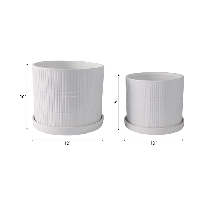 S/2 10/12" Line Textured Planter, White - Al Rugaib Furniture