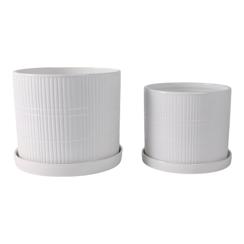 S/2 10/12" Line Textured Planter, White - Al Rugaib Furniture
